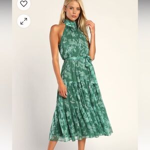 Lulus Float to You Green Floral Print Halter Tiered Midi Dress